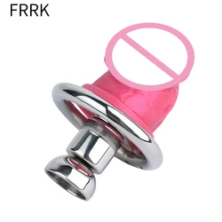 FRRK Negative Chastity Lock with Pink Dildo for Men New Creative Combination Cock Cage Stainless Steel Penis Rings BDSM Sex Toys