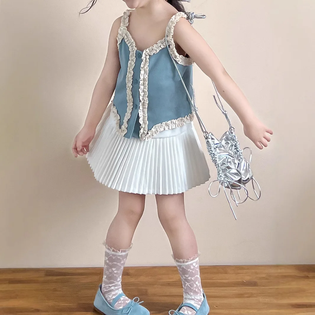 Girl's Summer Clothing Sets Temperament Sweet Lace Lace Blue Camisole White Pleated Skirt with Safety Pants