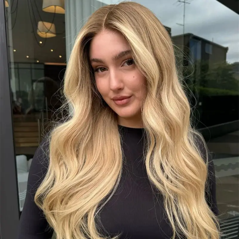 

Предварительно выщипанная линия волос с детскими волосами Ombre Золотисто-русый термобезопасный синтетический парик спереди, смесь человеческих волос, мягкий длинный волнистый парик