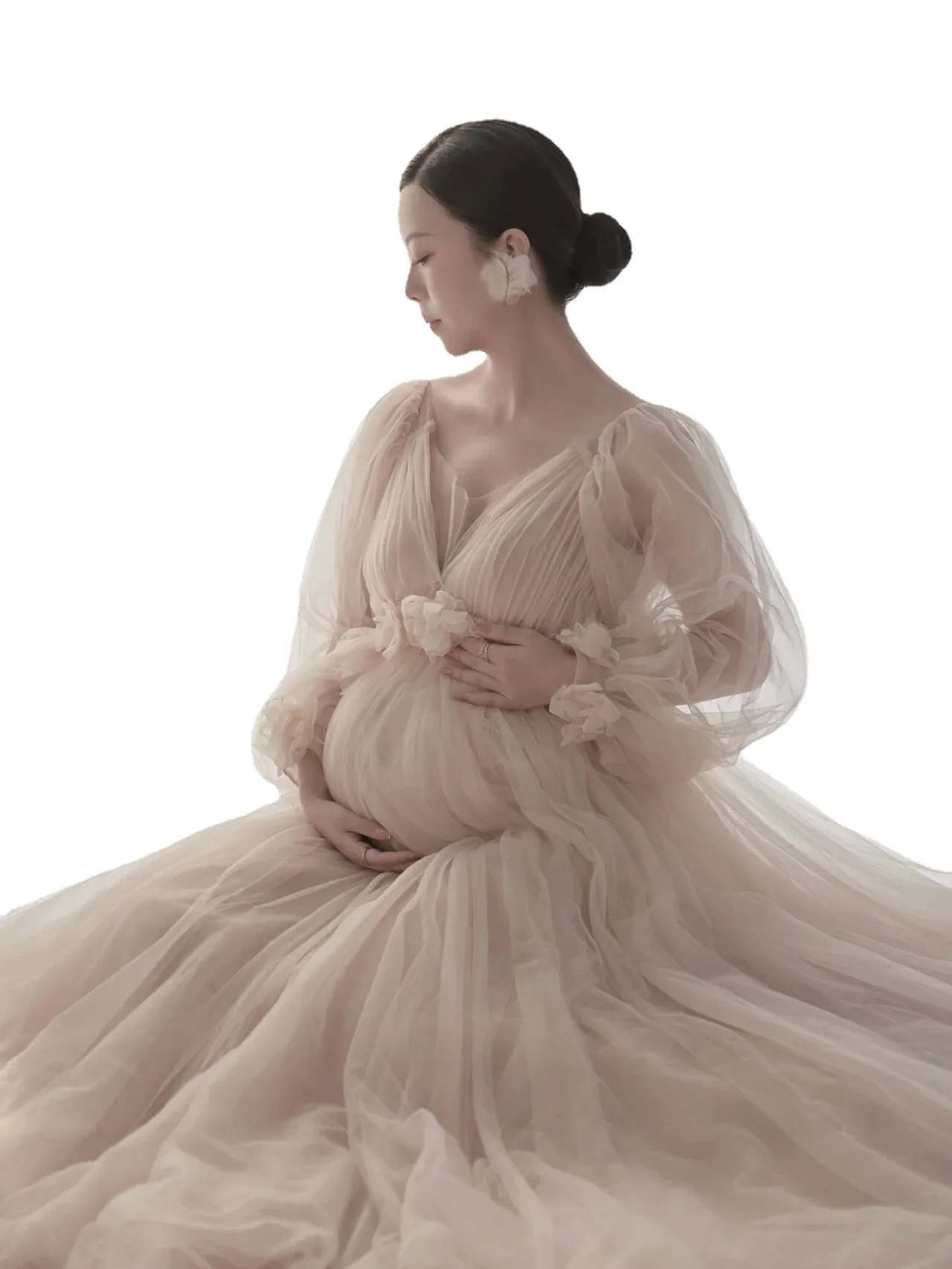 Robe Longue en Maille pour Femme Enceinte, Tenue de Séance Photo, Col en V, Manches sulf, Tulle Floral, Couleur Champagne, Accessoires de Photographie