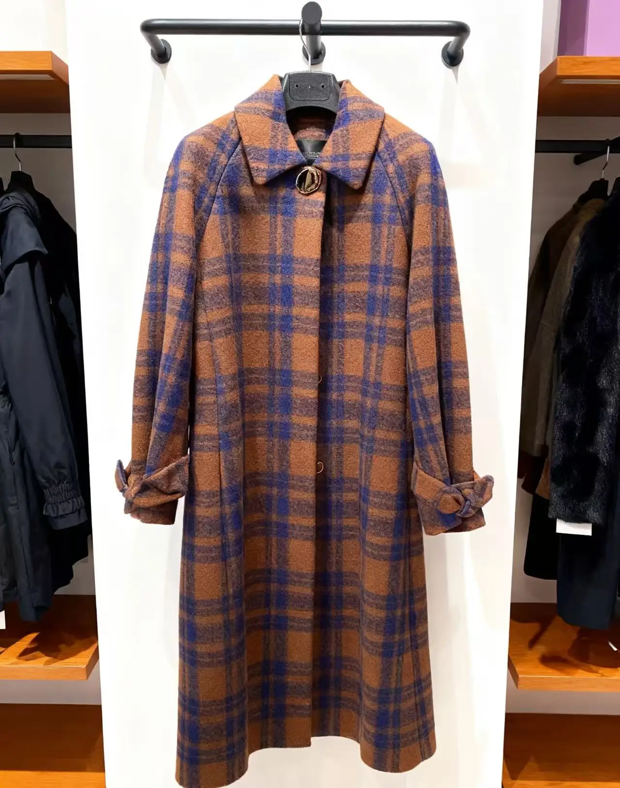 Damen Wollmantel mit Karomuster, Herbst- und Wintermantel aus Retro-Wollmischung, langärmeliger Wollmantel