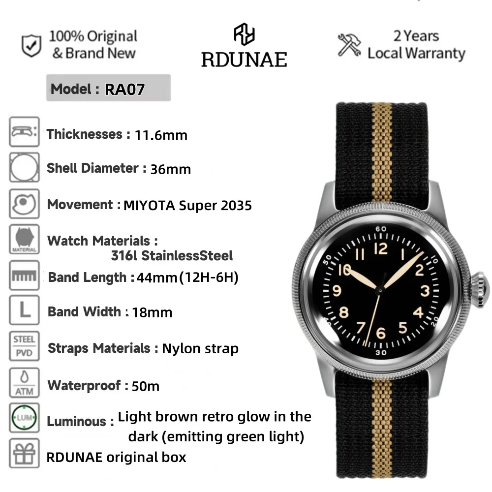 RDUNAE 2025 New Men Quartz Watch Miyota Super 2035 RA07 Retro Military Stainless Steel Mineral Glass Waterproof 50m Reloj Hombre