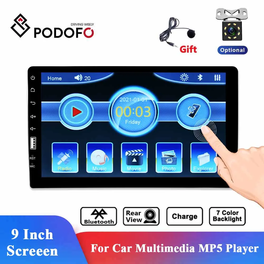 Podofo 1din Car Multimedia Player 9 Inch Touch Screen Automotive Goods Microphone Audio Stereo BT FM Support Rear View Camera