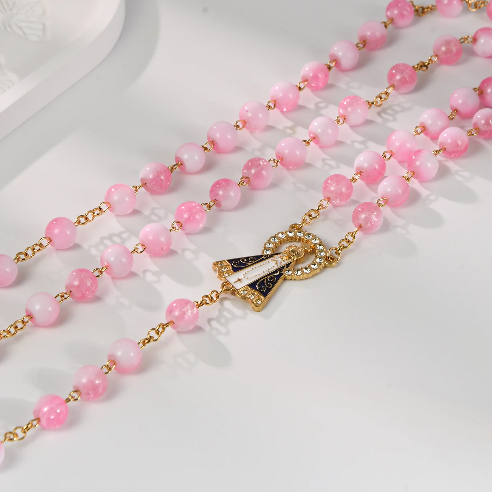 Handmade Pink Rosary Necklace – Long Sweater Chain with Decorative Crucifix, Catholic Prayer Jewelry Gift for Women
