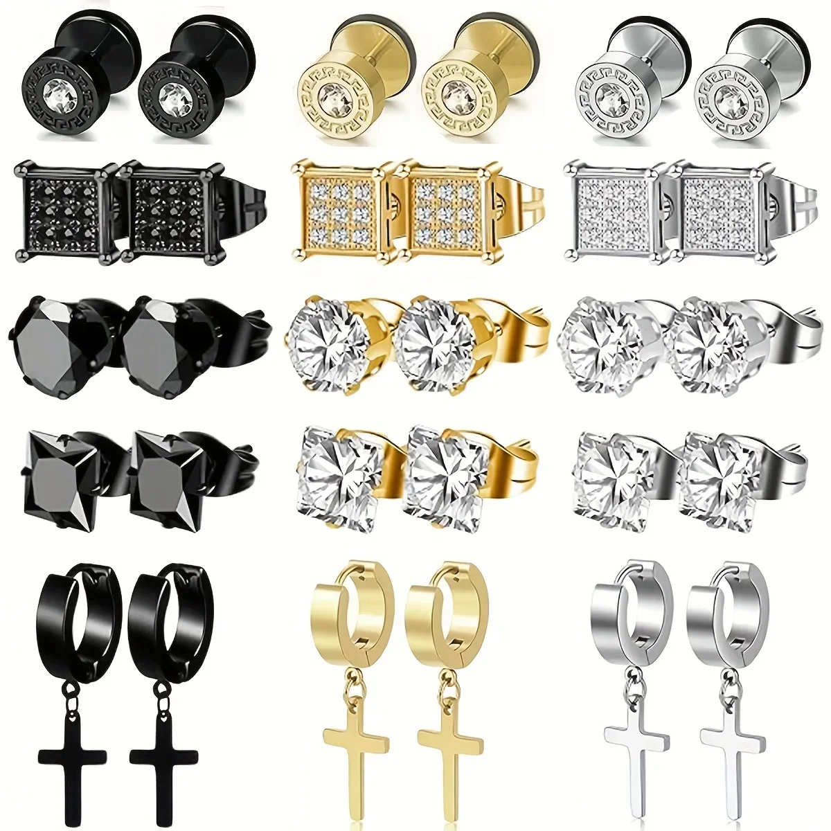 1-5 Pairs Stainless Steel Earrings Cross Dangle Hinged Earrings, Cubic Zirconia Stud Earrings For Men, Ear Piercing Jewelry