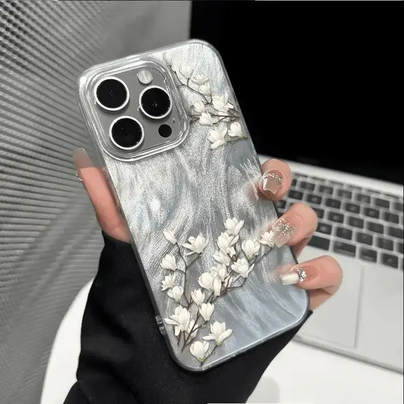 ins Jade orchid feather veil shell phone case For iPhone 16 PRO 15 14 13 12 11ProXR XS Max7 8 Plus Y2K Anti fall Case back Cover