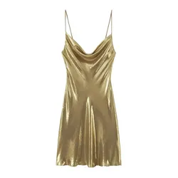 Summer Women Shinning Metallic Color Sling Mini Dress Female Chic Pleat Design Casual Slim Party Vestidos DS5000