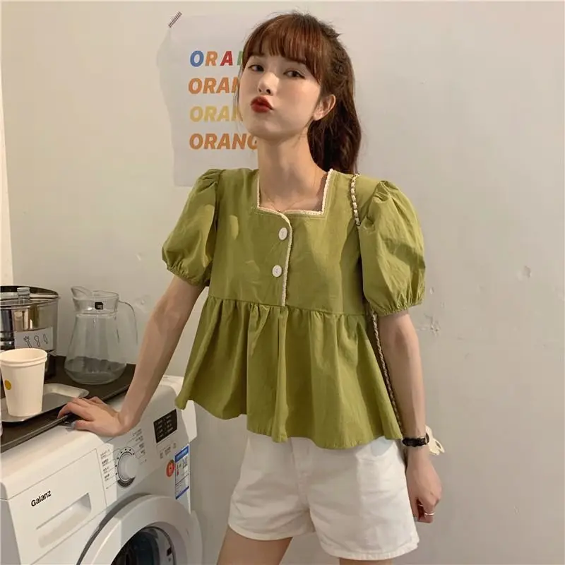 Babados camisas e blusas coreia puff manga curta topo feminino 2024 verão botão doce blusas bonito elegante sólido branco roupas