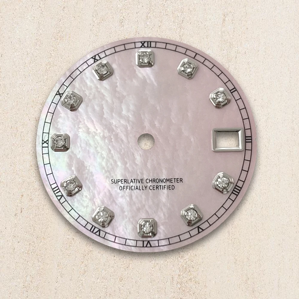 28.5mm S Logo Dial Pearl Shell Diamonds Suitable For NH35/NH36 Automatic Movement Watch