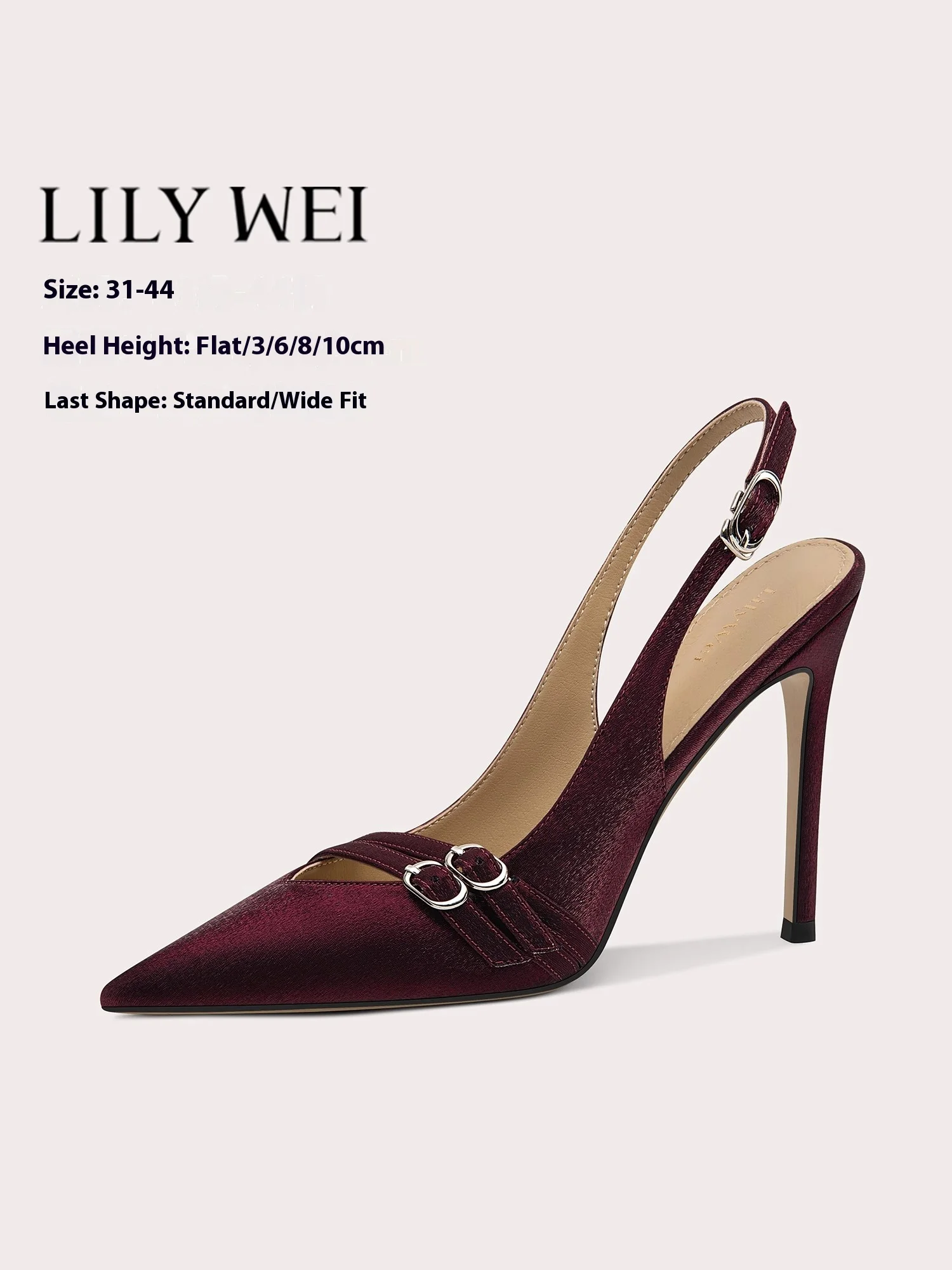 

Spring and summer new pointed burgundy cloth buckle with flat sandals thin high-heeled banquet large size small size women shoes