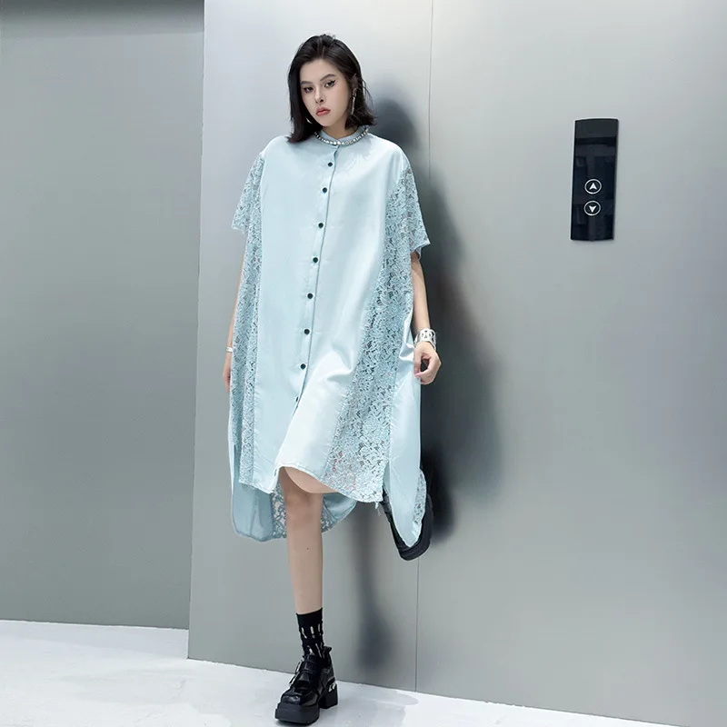 

plus size dress temperament hollow lace patchwork batwing sleeve women's dress,summer fashionable loose mid length skirt
