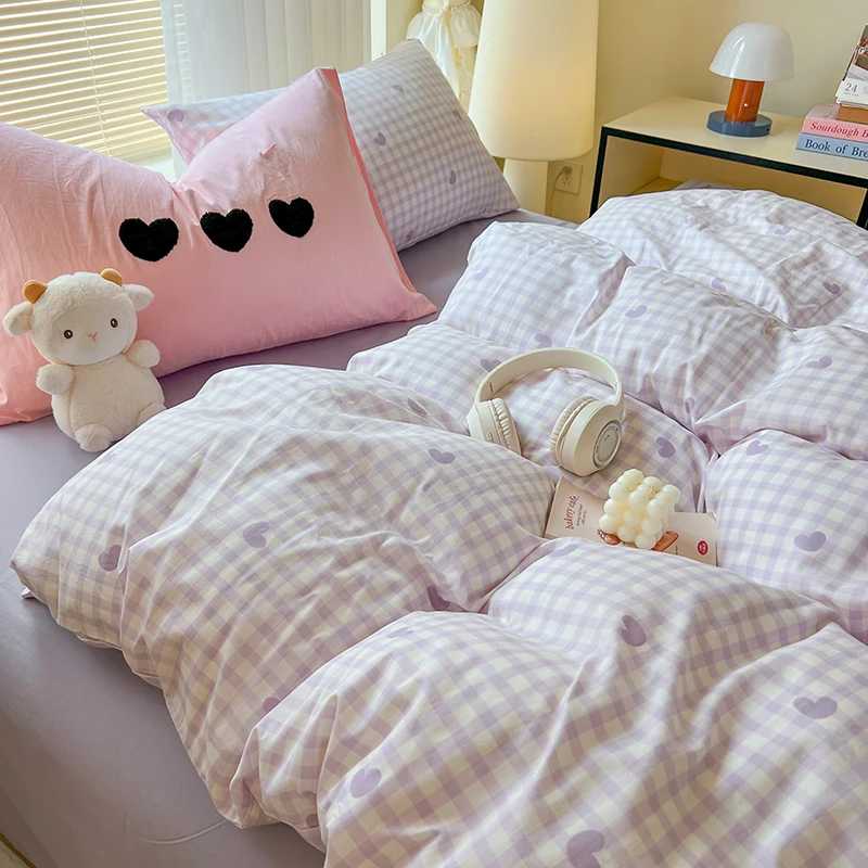 INS Einfarbiges, minimalistisches Muster-Bettwäsche-Set für Erwachsene und Kinder, rosa, niedliches Spannbetttuch mit Kissenbezügen, bunt, King-Size-Größe – Detail 15
