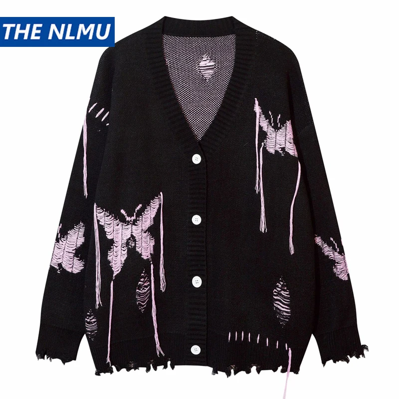 Camisola Cardigan de malha vintage com borla bordada, camisola rasgada, streetwear Hip Hop, malhas unissex, borboleta, novo, 2023