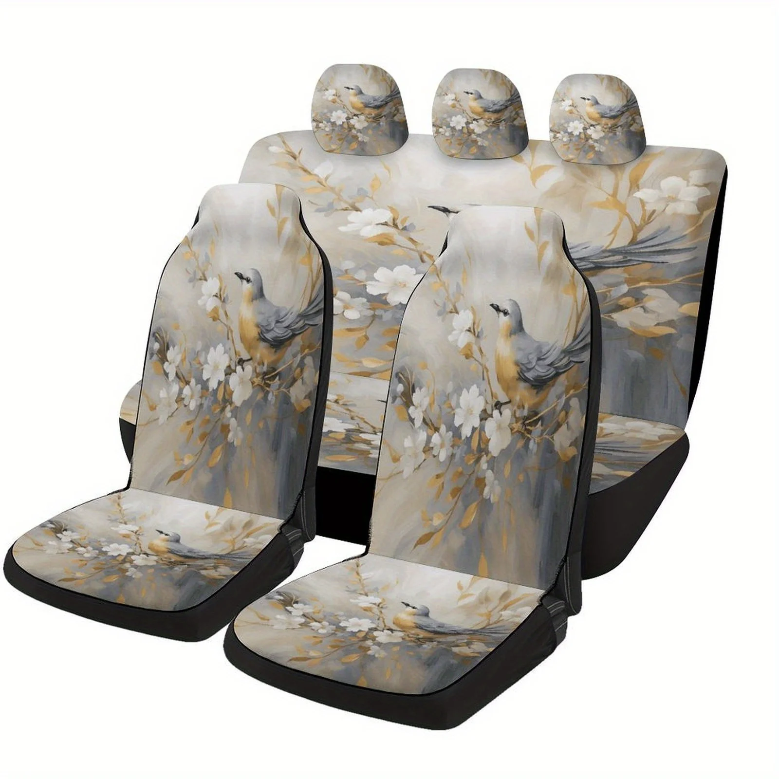 Set Of Car Seat Covers Featuring A Bird And Blossom Branch Design, Suitable For Most Vehicles. This Trendy And Unique Decorative