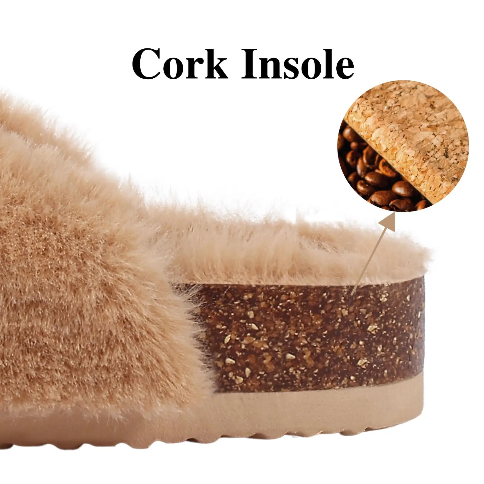 Litfun Cork Fur Fluffy Slippers Women Winter Fluffy Sandals Fuzzy Home Flat Slides With Arch Support Double Buckle Fuzzy Sandals