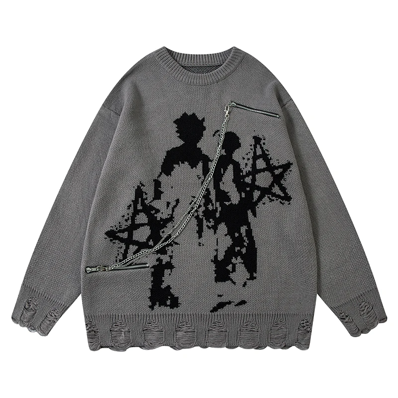 

Streetwear Oversized Sweater Men Women Punk Knit Pullover Distressed Hem Star Pattern Abstract Graphic Chain Decor Casual Jumper