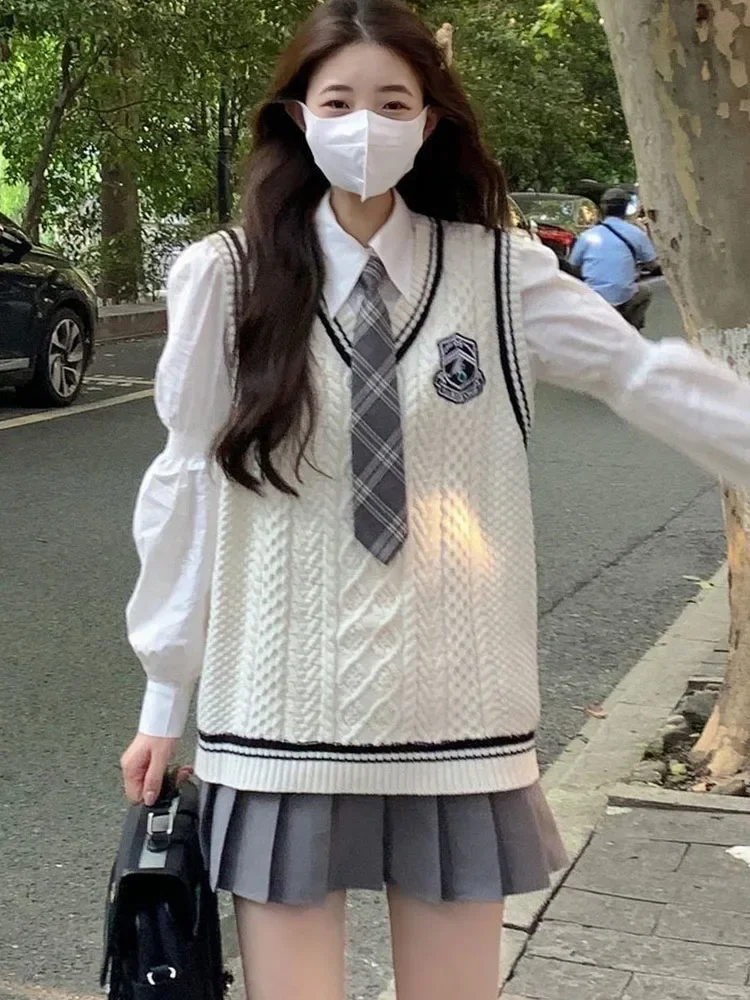 Lindo uniforme escolar japonés para mujer, suéter de punto coreano, conjuntos de falda, cuello en V, manga larga, uniforme Jk, Cosplay de niña escolar, Invierno