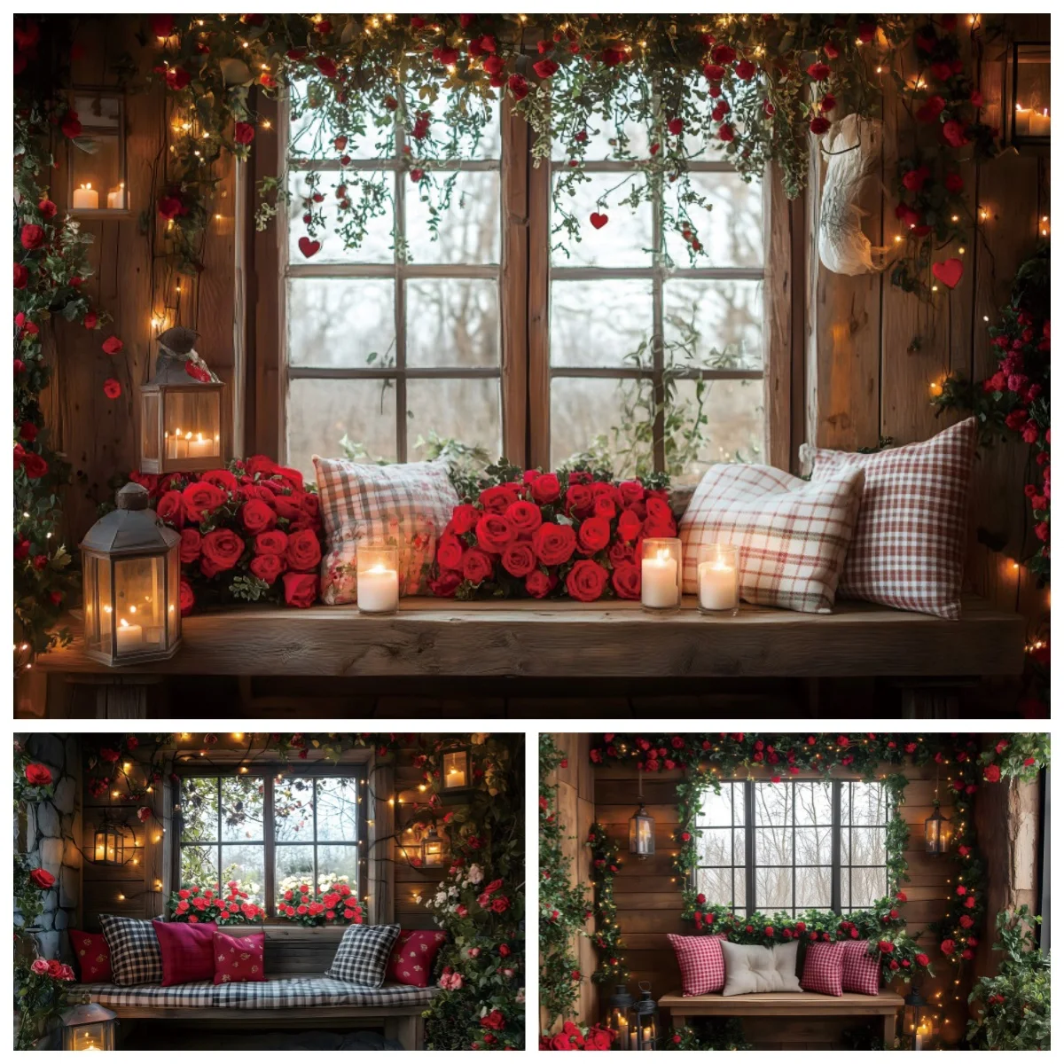 

Romantic Valentine's Day Photography Background February 14th Rose Flower Sofa Wooden Window Scene Art Portrait Photo Background