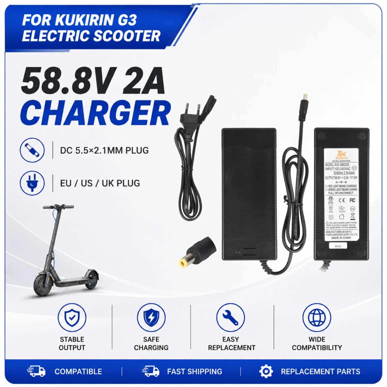 Cargador de 58.8V 2A para el scooter eléctrico KuKirin G3, adaptador de corriente DC5.5x2.1mm, piezas de repuesto con enchufe para UE, EE. UU. y Reino Unido.