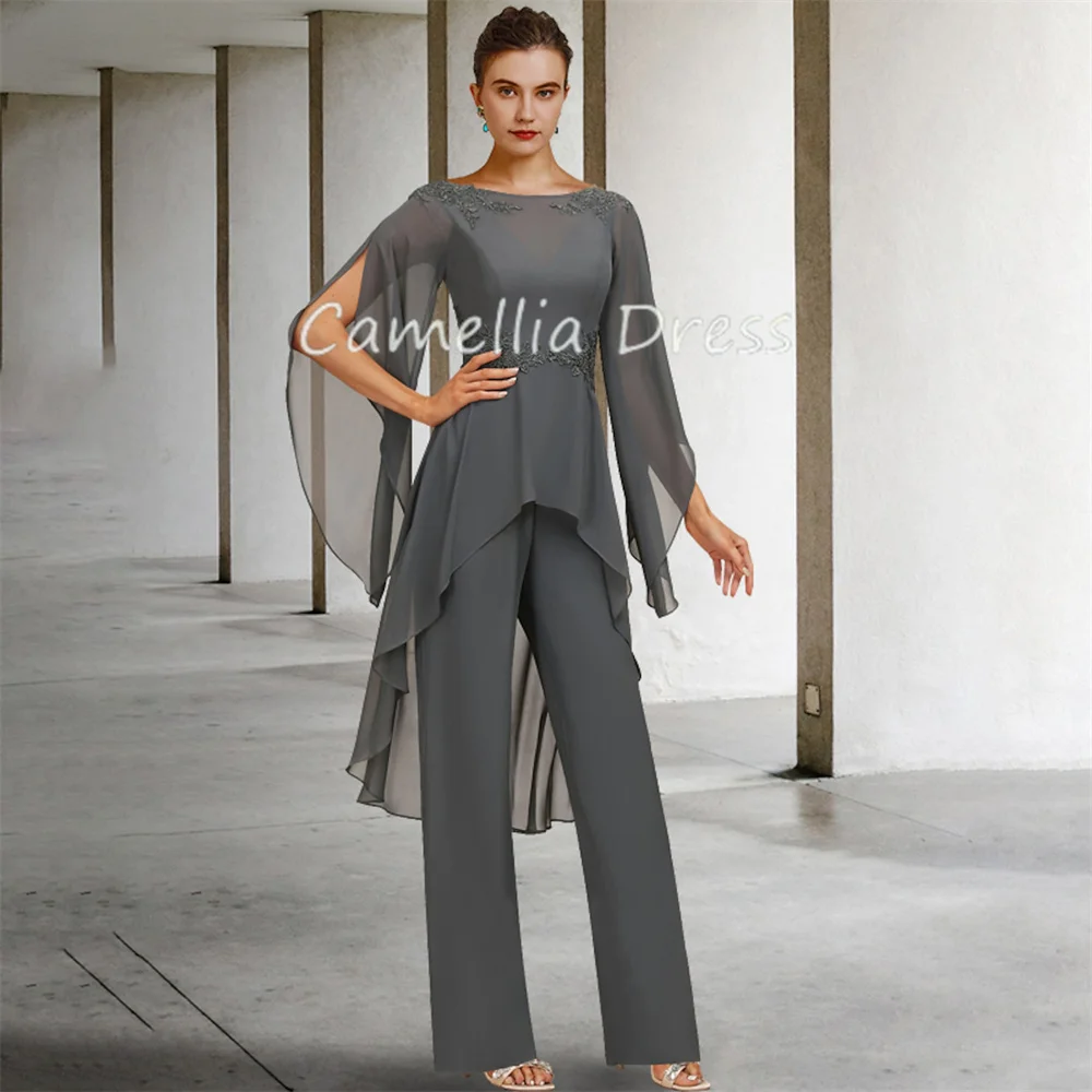 New Jewel Neck Mother Of The Bride Dress Jumpsuit Chiffon with Ruffles Appliques Formal Dresses Vestidos Mae Da Noiva Casamentos