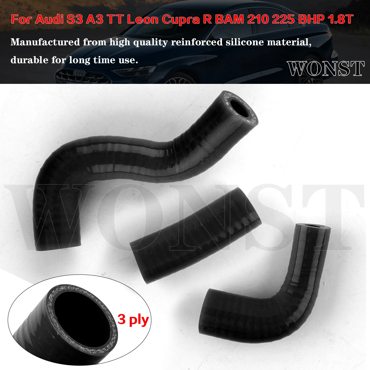 

3Pcs For 1998-2006 Audi S3 A3 TT Leon Cupra R BAM 210 225 BHP 1.8T Silicone Breather Hoses Kit 1999 2000 2001 2002 2003 2004