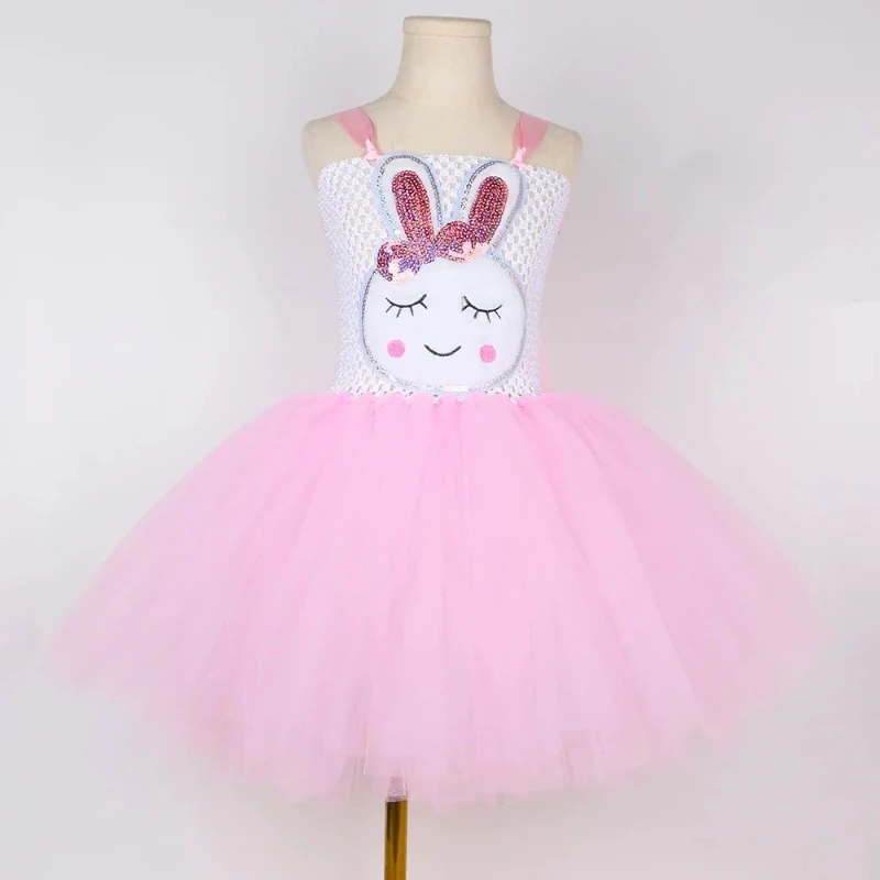 Girls Pink Rabbit Dress 1-12 Years Fluffy Bunny Cosplay Costume for Kid Easter Halloween Little Girls Birthday Party Decoration