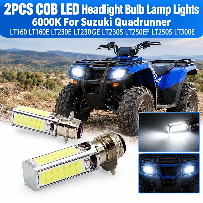 Pack-2 COB LED Headlight Bulb Lamp Lights 6000K For Suzuki Quadrunner LT160 LT160E LT230E LT230GE LT230S LT250EF LT250S LT300E