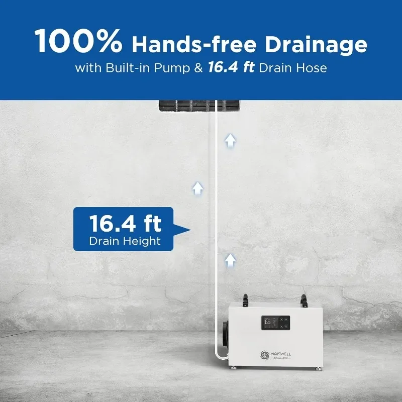 145 Pints Commercial Dehumidifier with Pump, Crawlspace Dehumidifiers with Drain Hose for Compact Tight Basements Large Spaces