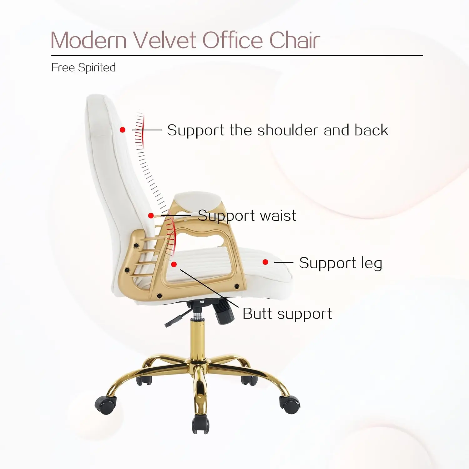 Cream Velvet Office Desk Chair, Ergonomic Makeup Vanity Seat, Adjustable Swivel, Home Bedroom, Customized