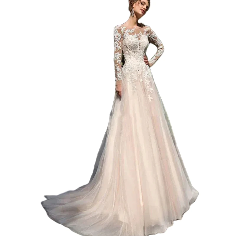 Illusion Sleeves A-Line Tulle Beach Wedding Dresses With Lace Appliques Long Boho Bridal Gowns Court Train Back Covered Buttons