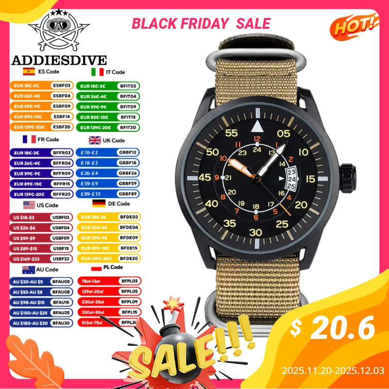 

ADDIESDIVE Quartz Watches For Men Fashion 44mm Sport 50M Outdoor Waterproof Nylon Strap JD1508 Men's Watch relogios masculino ﻿
