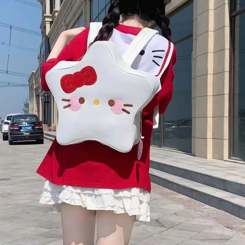 Kawaii Sanrio Hello Kitty Fashionable Five-Pointed Star Pu Backpack Cute Cartoon Y2K Large Capacity School Bag Campus Travel Bag