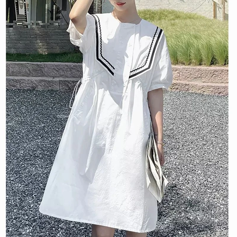 

Fashion O-Neck Button Spliced Loose Shirring Casual Dresses Female Clothing Summer New Short Sleeve Office Lady Midi Dress