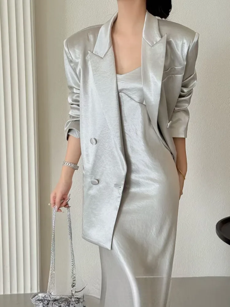 KWTX 2025 Setelan Blazer & Gaun Satin Mutiara Elegan Prancis Dua Potong-Pakaian Trendi, Pakaian Tamu Pernikahan Musim Gugur, Setelan Pesta Makan Malam