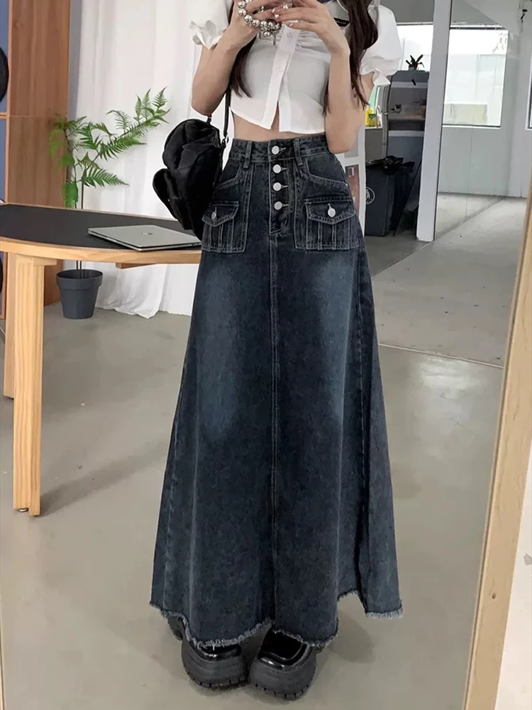 Women's Spring Long A-line Mid-length Skirt  Retro Raw Edge Y2k Female Korean Style High-waisted Cargo Denim Skirt
