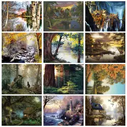 RUOPOTY Rhinestones Diamond Painting Frame DIY Cross Stitch Autum Forest Mosaic Diamond Gifts Wall Art Artwork Landscape