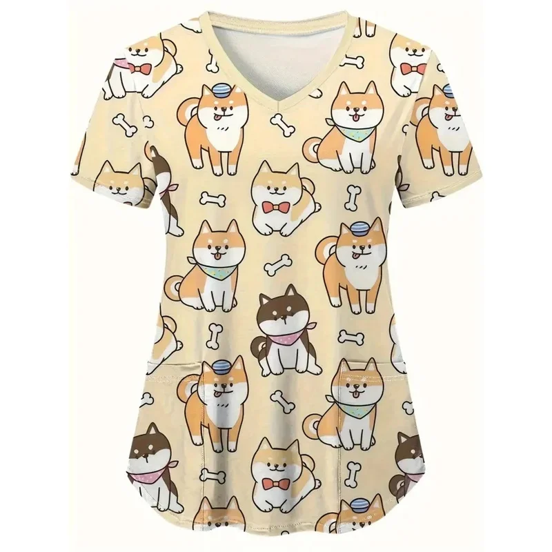Women's Veterinary WorkwearTShirt Dachshund printVShort-sleeved medical workwear with pockets