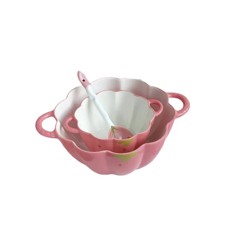 

Strawberry binaural pumpkin bowl and spoon set pink cute fresh ceramic bowl household new underglaze exquisite tableware