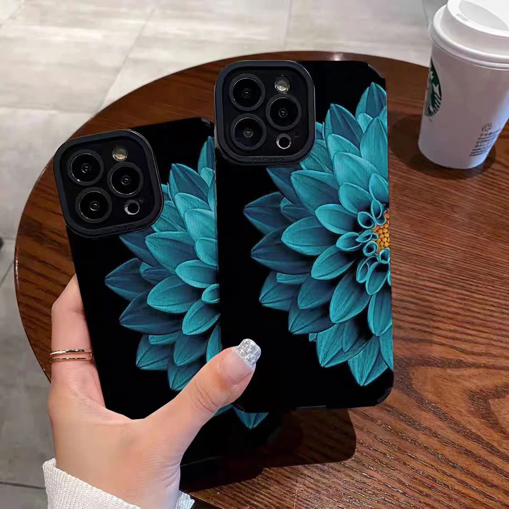 Fashion Blue Flower Silicone Leather Case For iPhone 17 Air 16 11 12 13 14 15 Pro Max Plus Mini Soft Shockproof Full Cover