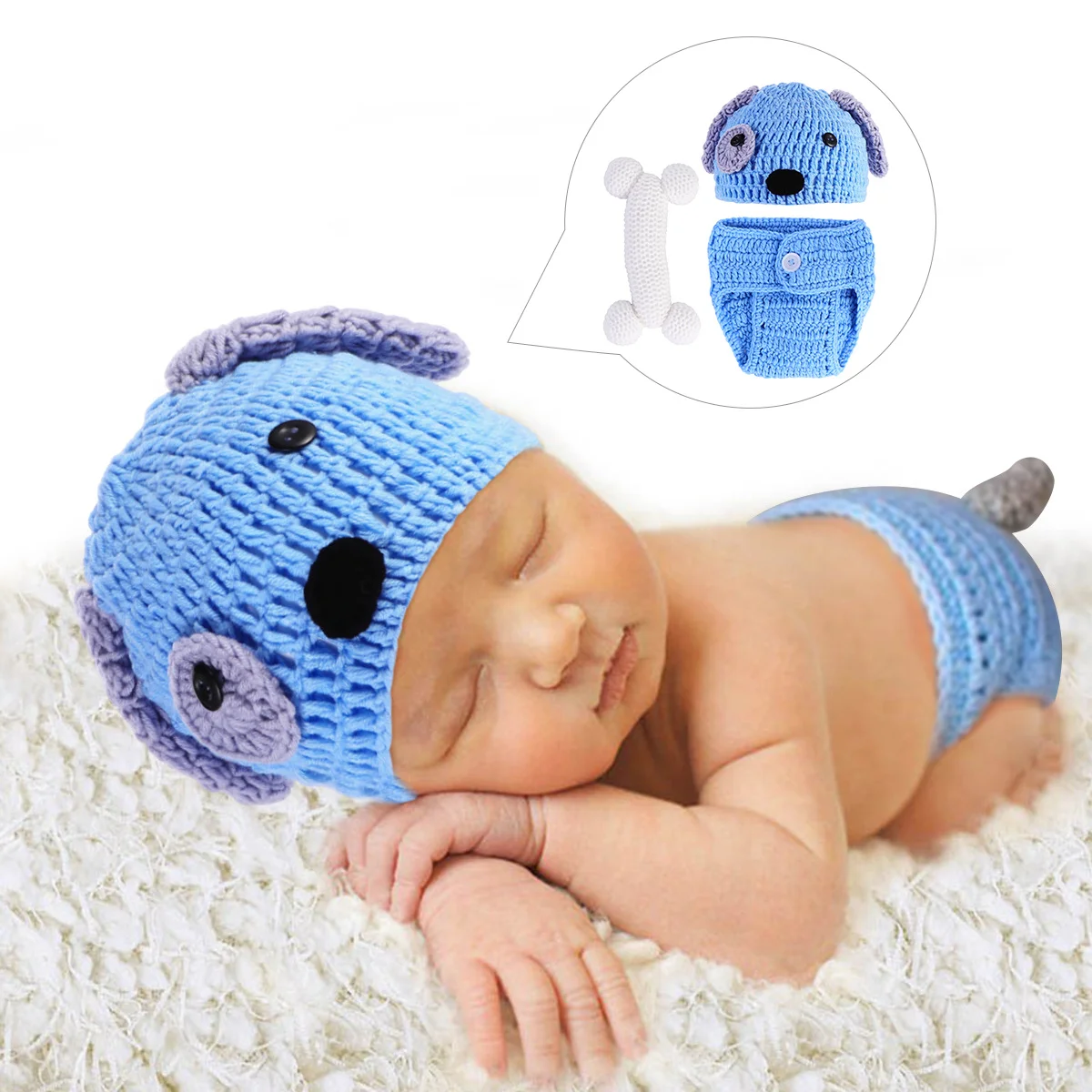 3 قطع ملابس محبوكة على شكل جرو للأطفال حديثي الولادة شورت محبوك يدويًا تصميم رائع مادة القطن أزرق فاتح