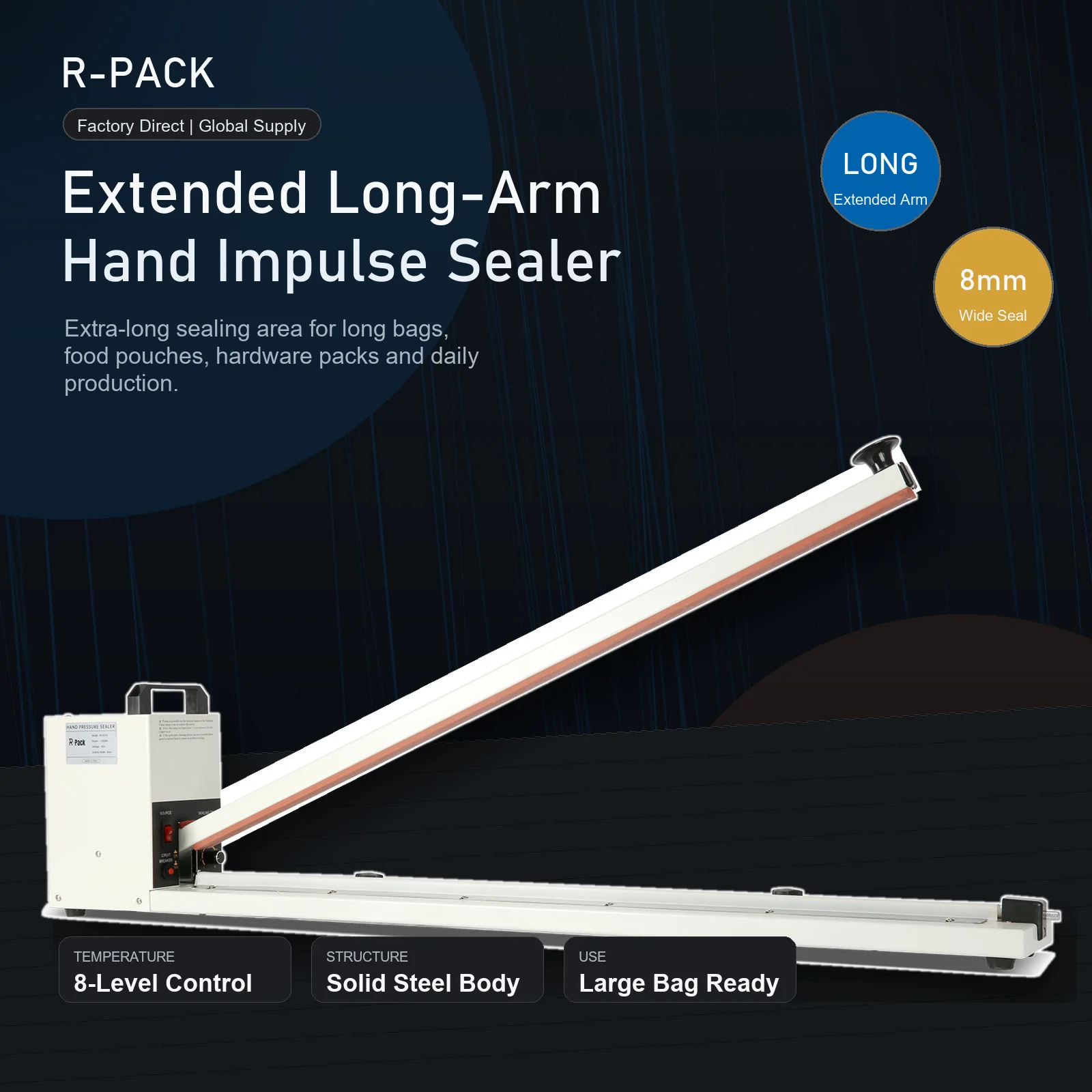 CE Certified 220V 900mm Industrial Commercial For Food Snack Plastic Pouch Extended Hand Pressure Sealer HI-900
