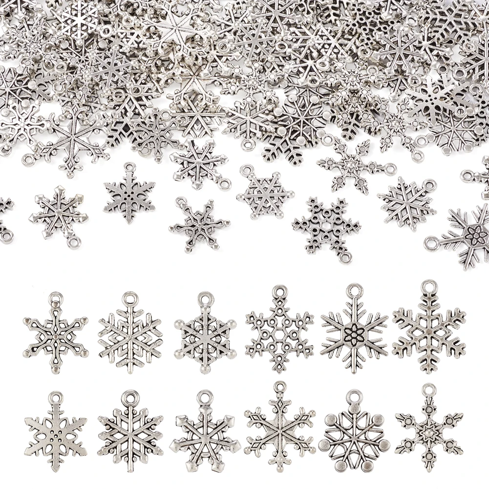 

120Pcs/Box Alloy Snowflake Pendants Retro Mixed Style Metal Charm for Jewelry Making Necklace Christmas Decorating Accessories