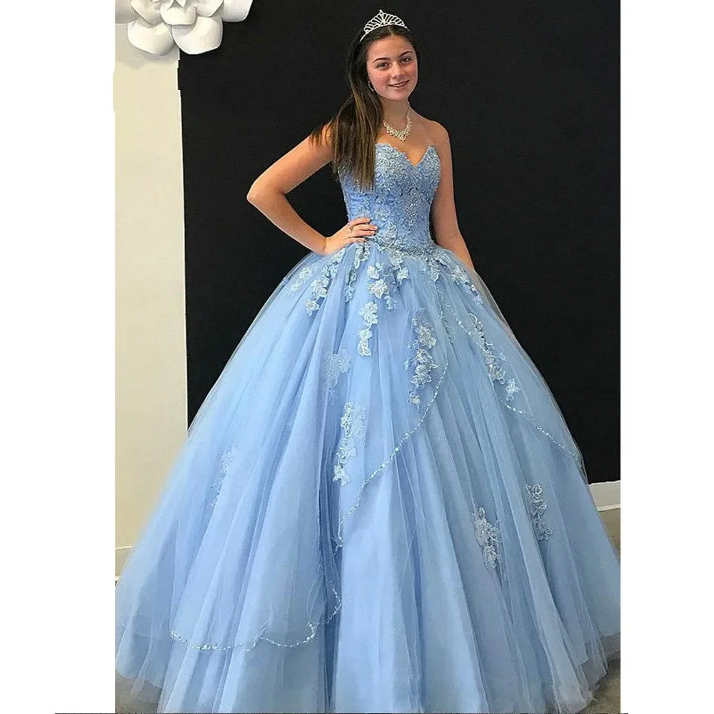 

Sweetheart Blue Ball Gown Quinceanera Dresses For 15 Party Fashion Applique Beaded Princess Birthday Gowns Hot