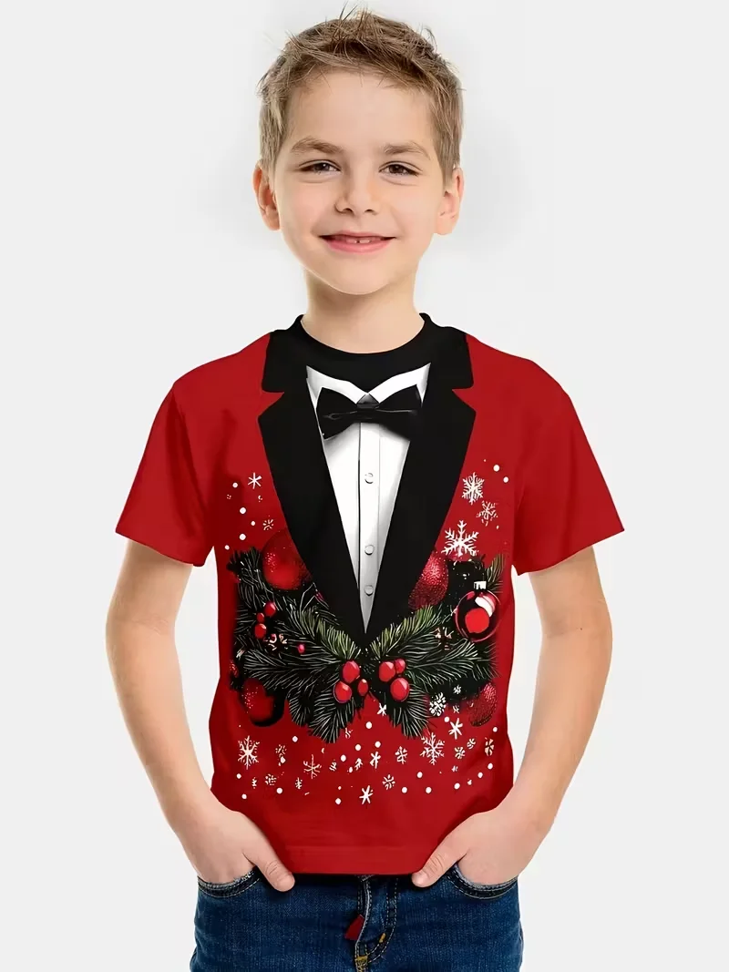 

Boys' Girl's Christmas & Summer Short Sleeve T-Shirt Cute Red Tuxedo Cartoon Print Men's Women's Funny T-shirt Top