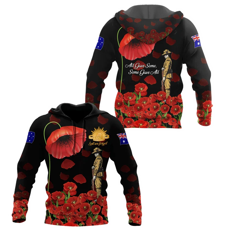 Anzac Day 3D Printed Hoodies For Men Clothes Lest We Forget Australia New Zealand Hero Sweatshirts Remember Flower Pullovers Top