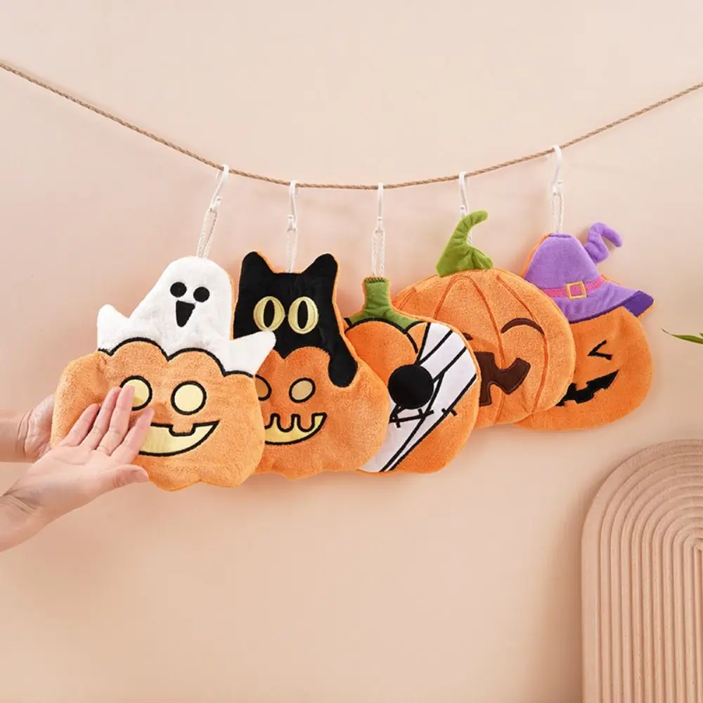 Soft Coral Fleece Halloween Pumpkin Hand Towel Hangable Absorbent Cartoon Cleaning Towels Black Cat/Ghost Kitchen Towels