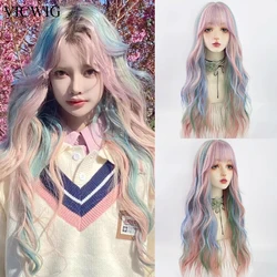 VICWIG Rainbow Ombre Long Wavy Women Wigs with Bangs Synthetic Lolita Cosplay Hair Wig for Daily Party