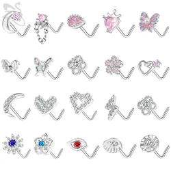 ZS 1 Piece Shiny CZ Crystal Nose Stud 20G L Shaped Stainless Steel Nose Piercings Flower Butterfly Heart Shape Nostril Piercing