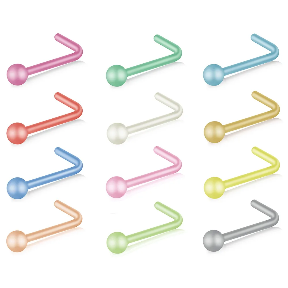 12pcs Pearl Color L Bar Nose Bone Rings For Women Men Acrylic Nostrils Piercing Jewelry Fashion Popular Nostrils Stud Screw