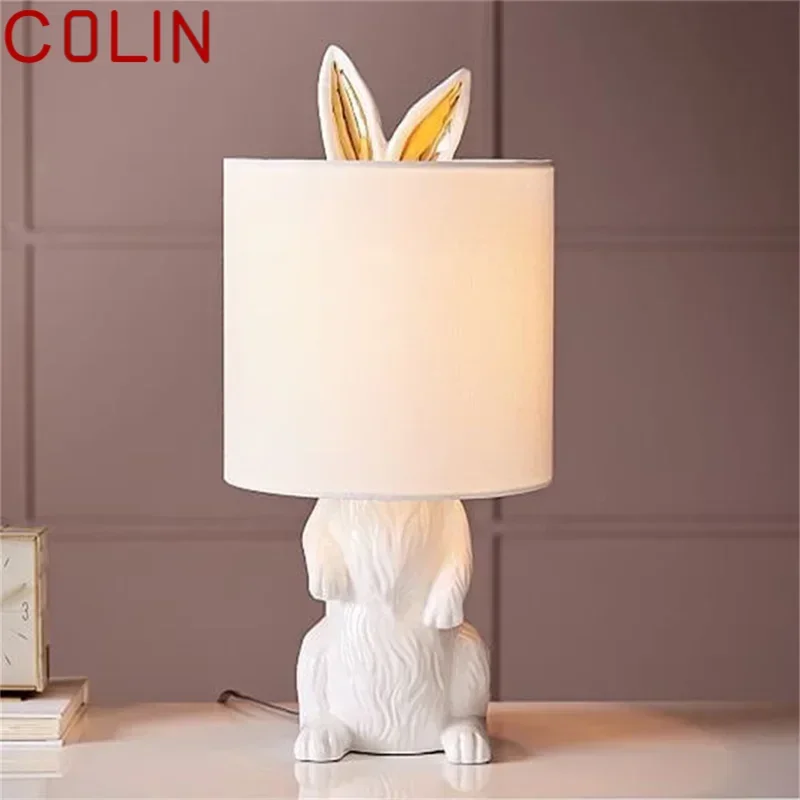 COLIN Lámpara de mesa de resina Lámpara de escritorio LED con pantalla de conejo blanco creativo moderno para el hogar y la sala de estar